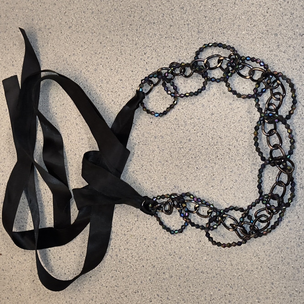 Women's Adjustable Black Irridisent Chain & Ribbon Choker Necklace Or Belt-NWOT